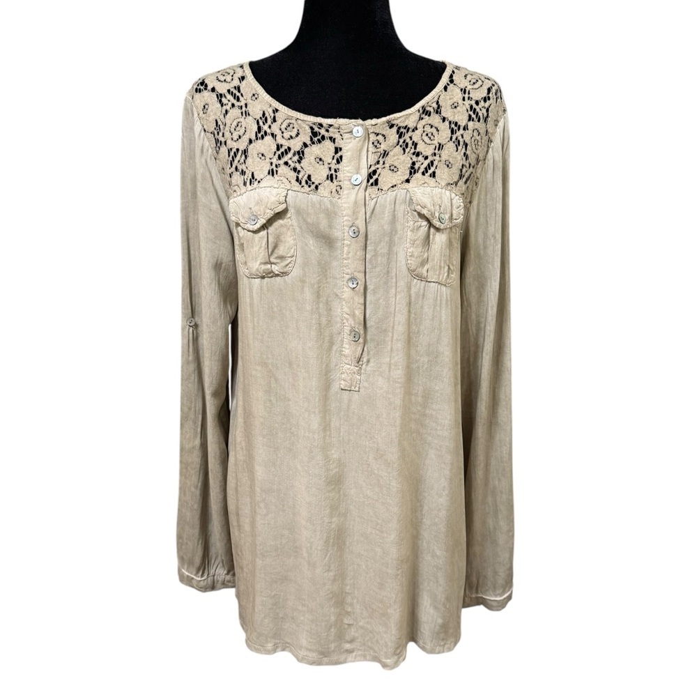 Beige Crochet Lace Tunic Blouse Made in Italy Roll Tab Sleeve Boho Top Large
